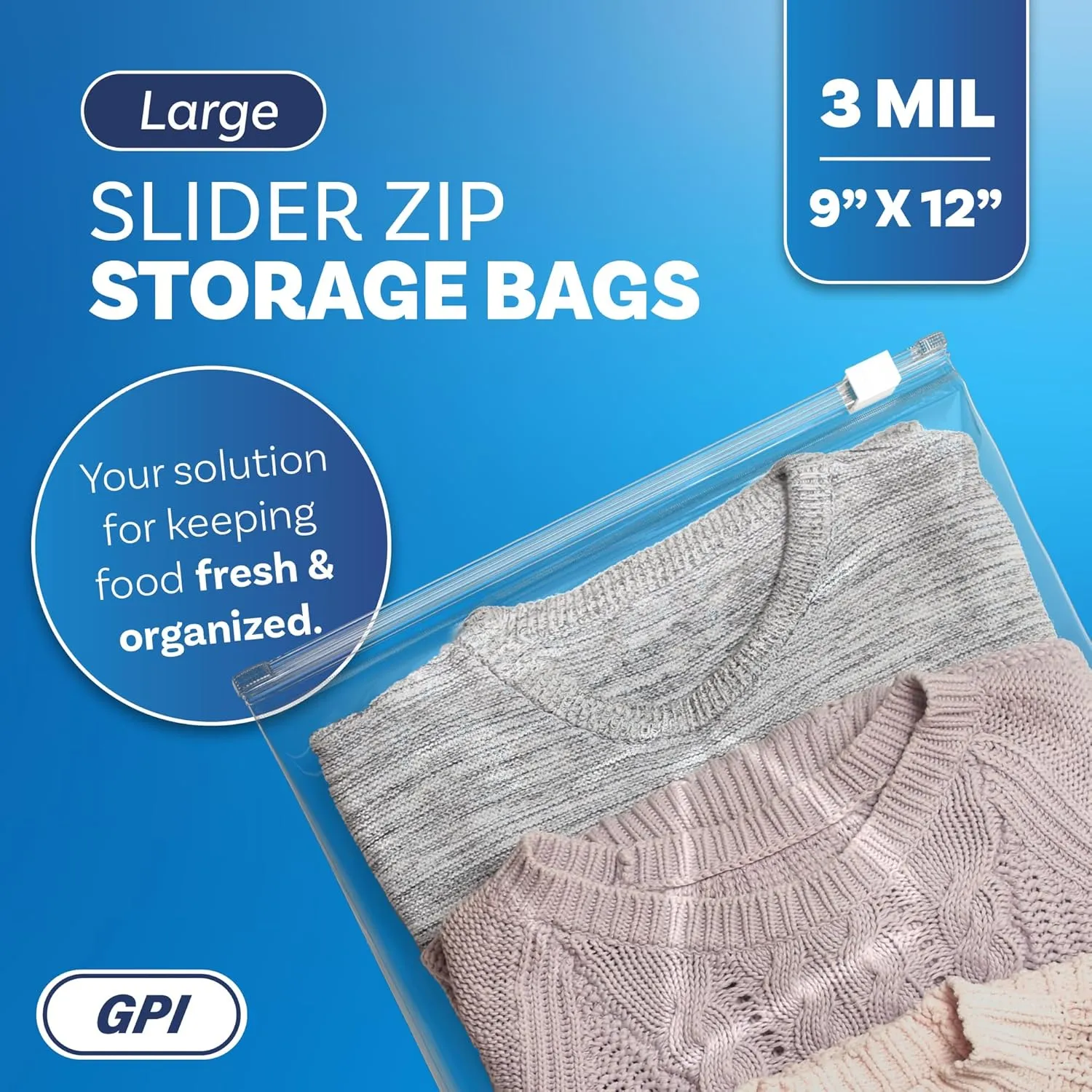 100 Count - Slider Zip Food Storage Bags, 9" x 12" 3 Mil Heavy Duty, Strong & Durable For Freezer Storage. GPI
