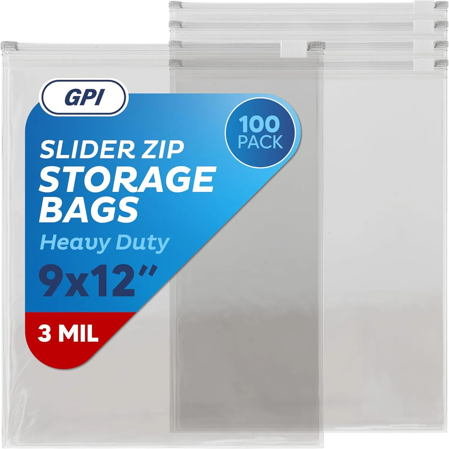 100 Count - Slider Zip Food Storage Bags, 9" x 12" 3 Mil Heavy Duty, Strong & Durable For Freezer Storage. GPI