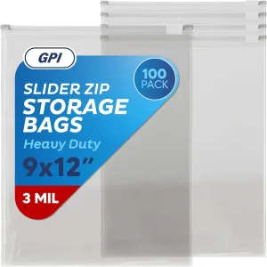 100 Count - Slider Zip Food Storage Bags, 9" x 12" 3 Mil Heavy Duty, Strong & Durable For Freezer Storage. GPI