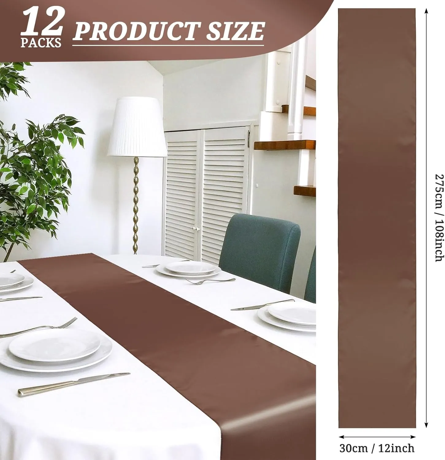 12 Pack Brown Satin Table Runner 12 x 108 Inch Long Premium Table Runners for Wedding Party Events Decoration, Birthday Parties, Banquets Decorations, Graduations, Engagements
