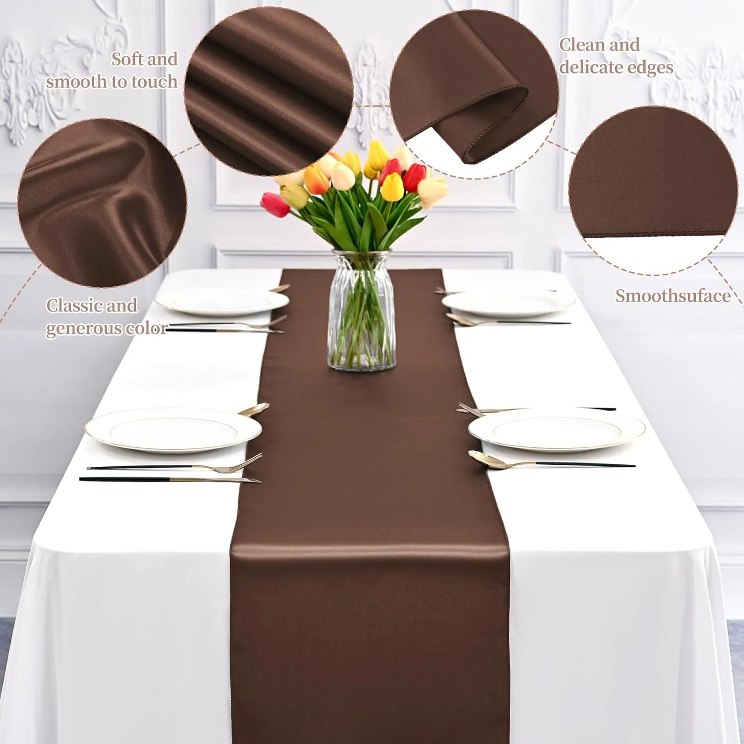 12 Pack Brown Satin Table Runner 12 x 108 Inch Long Premium Table Runners for Wedding Party Events Decoration, Birthday Parties, Banquets Decorations, Graduations, Engagements