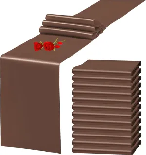 12 Pack Brown Satin Table Runner 12 x 108 Inch Long Premium Table Runners for Wedding Party Events Decoration, Birthday Parties, Banquets Decorations, Graduations, Engagements