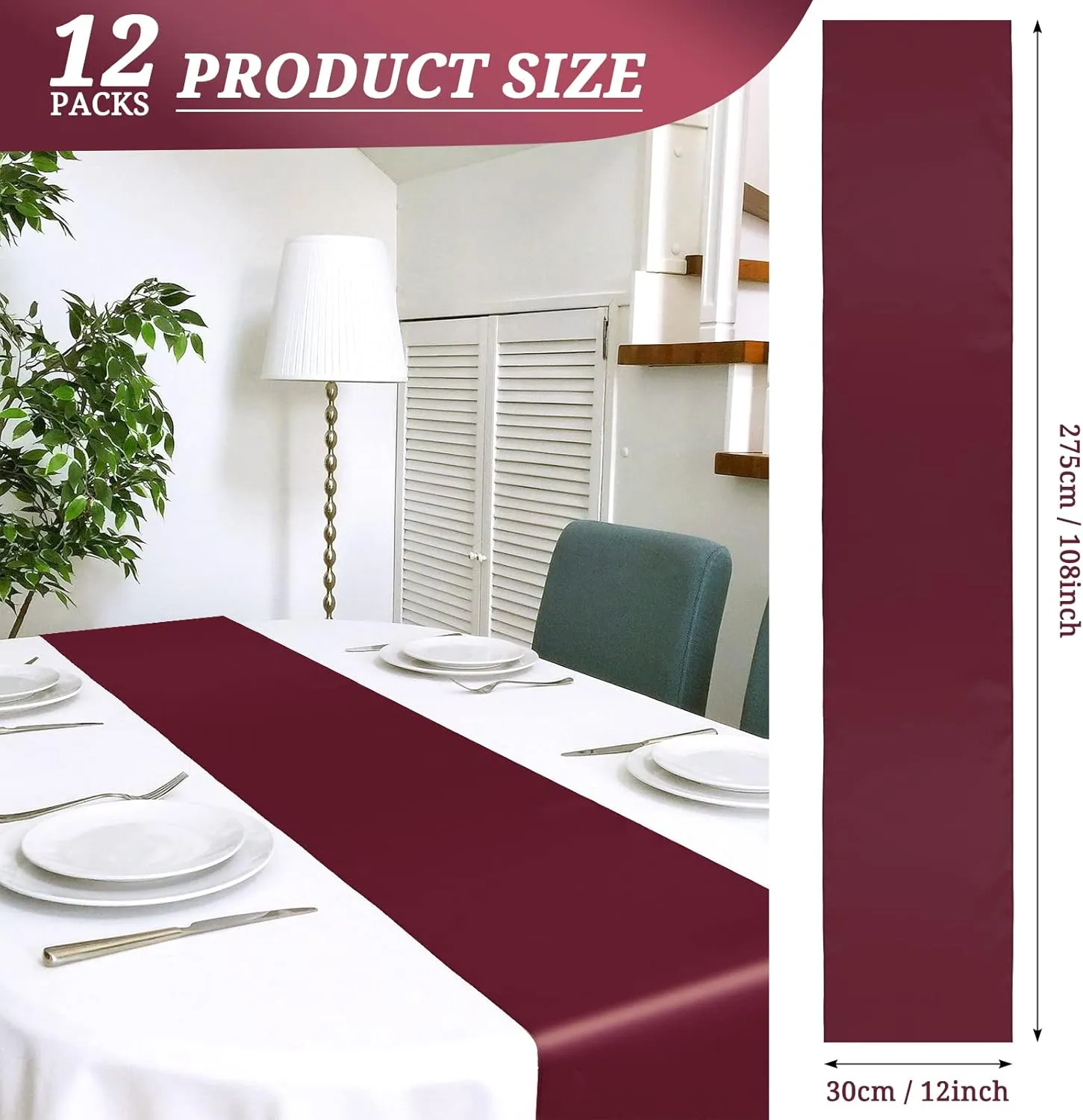 12 Pack Burgundy Satin Table Runner 12 x 108 Inch Long Premium Table Runners for Wedding Party Events Decoration, Birthday Parties, Banquets Decorations, Graduations, Engagements