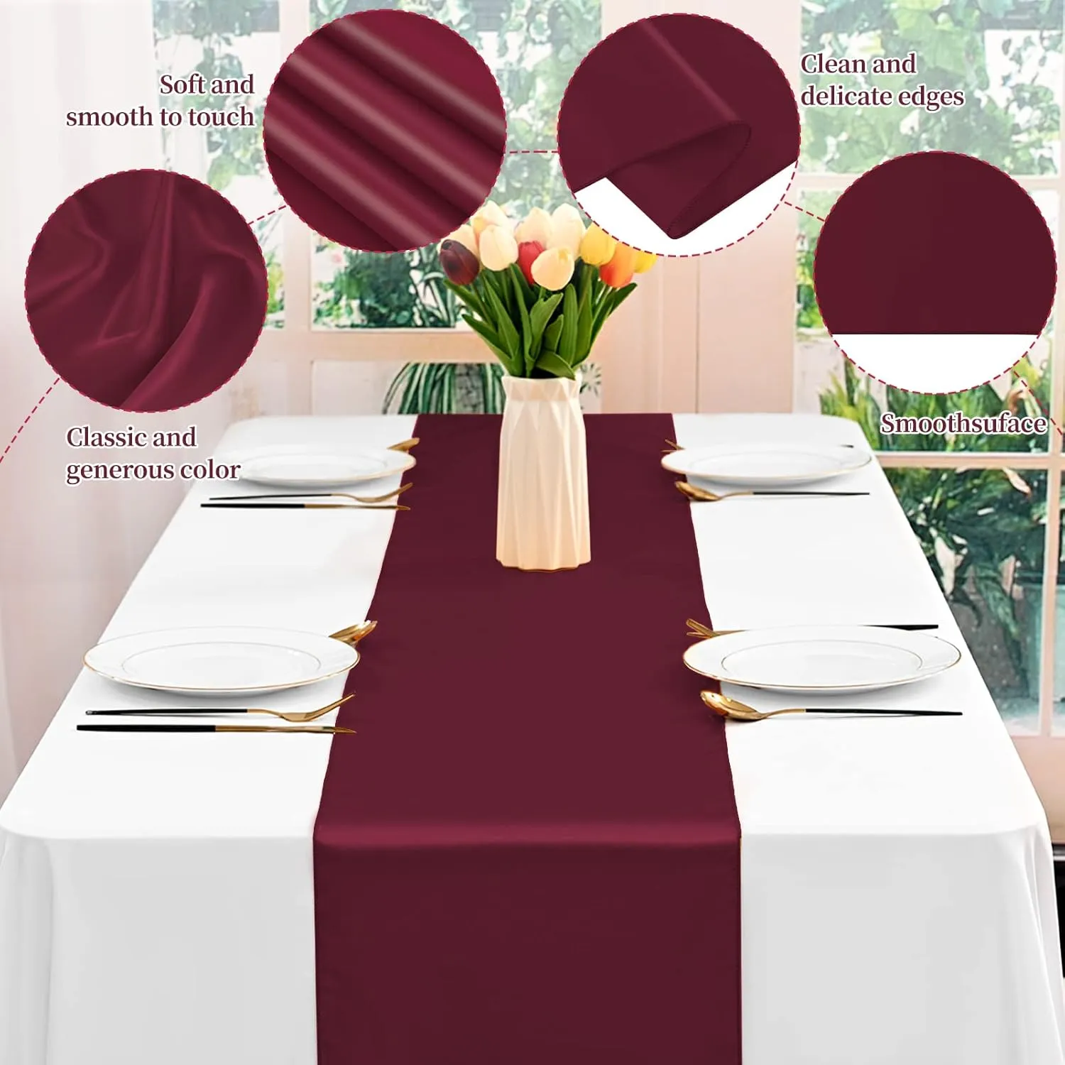 12 Pack Burgundy Satin Table Runner 12 x 108 Inch Long Premium Table Runners for Wedding Party Events Decoration, Birthday Parties, Banquets Decorations, Graduations, Engagements