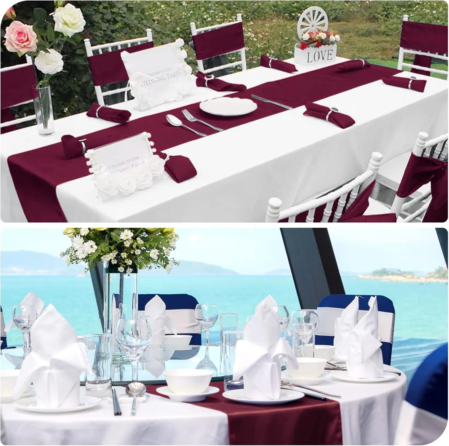 12 Pack Burgundy Satin Table Runner 12 x 108 Inch Long Premium Table Runners for Wedding Party Events Decoration, Birthday Parties, Banquets Decorations, Graduations, Engagements