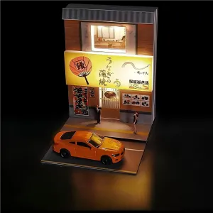 1:64 Double-Level Sushi Restaurant Diorama with LED Lights - Miniature Street Scene Display for Diecast Cars & Hot Wheels