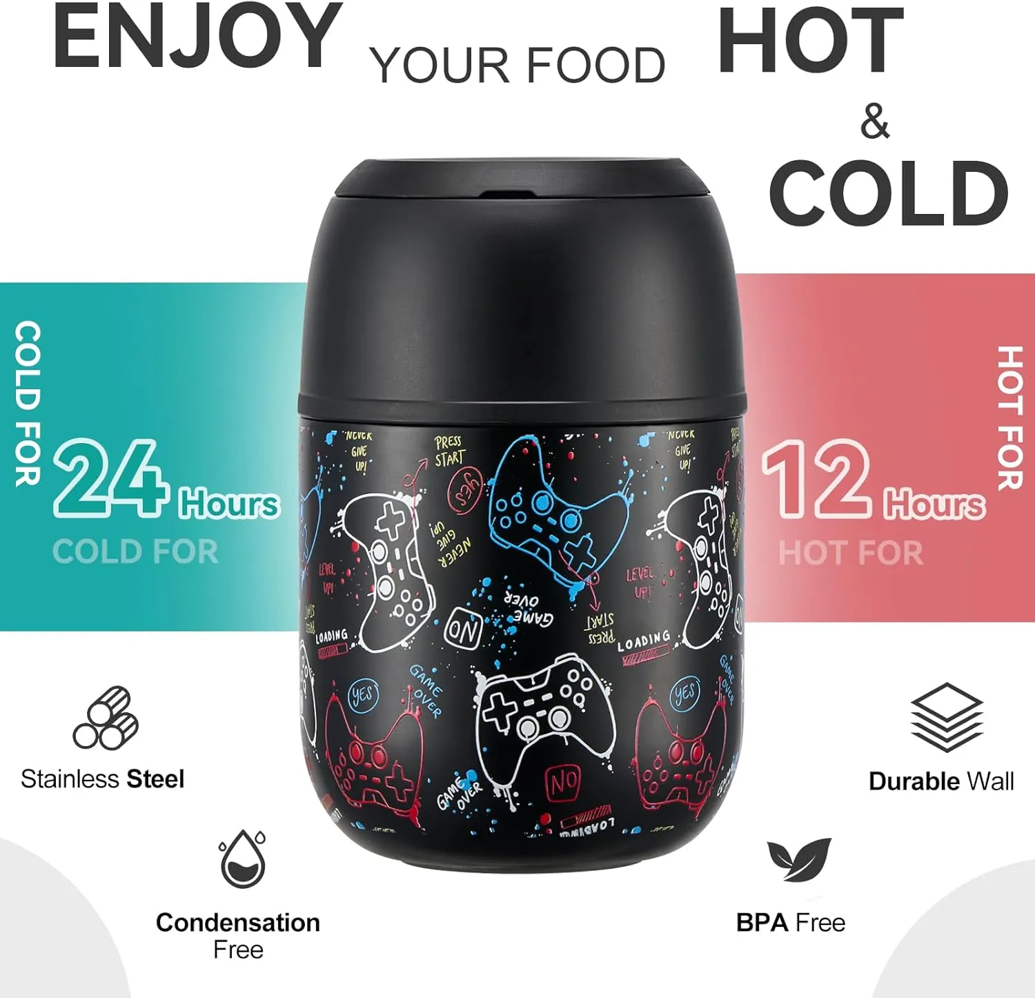 17 oz Soup Thermos for Hot Food Kids, Stainless Steel Vacuum Insulated Food Jar Lunch Box Container with Folding Spoon,Leakproof Thermos with Handle for School,Office,Travel,Outdoor