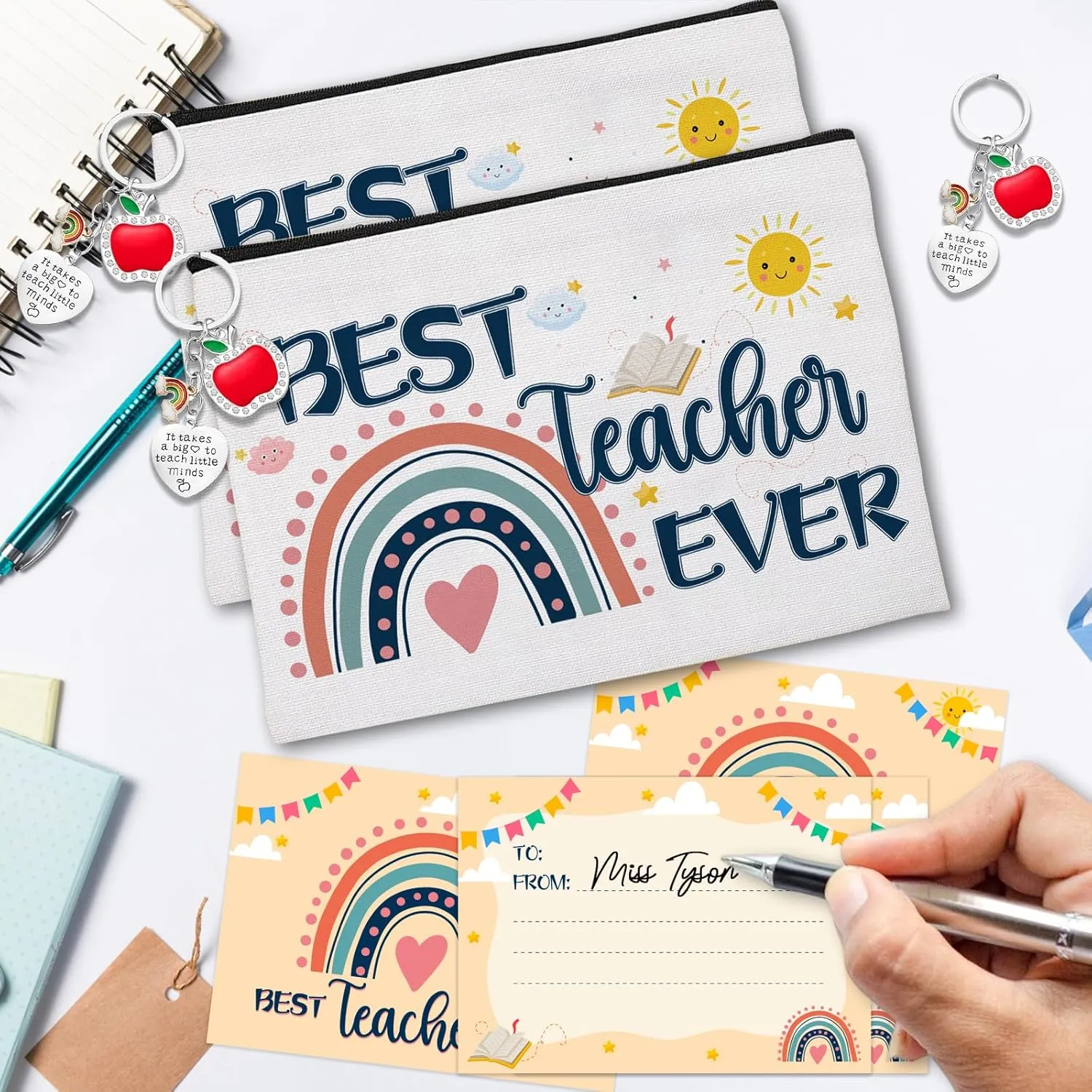18 Pcs Teacher Appreciation Gifts Set, 6 PCS Makeup Cosmetic Bags, 6 PCS Heart-Shaped Keychains with Diamonds and 6 PCS Greeting Card, Valentines Graduation Christmas Gifts for Teacher