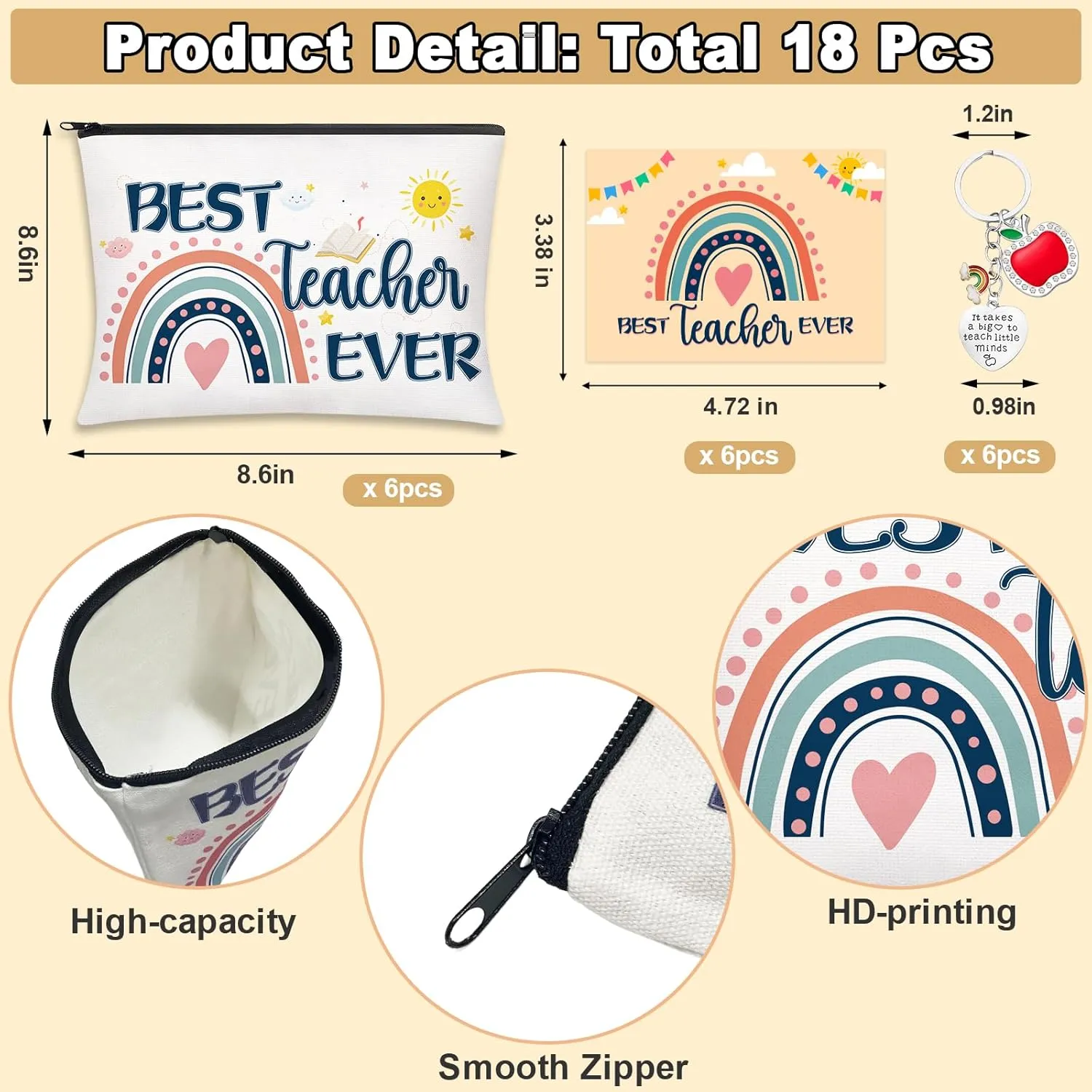 18 Pcs Teacher Appreciation Gifts Set, 6 PCS Makeup Cosmetic Bags, 6 PCS Heart-Shaped Keychains with Diamonds and 6 PCS Greeting Card, Valentines Graduation Christmas Gifts for Teacher