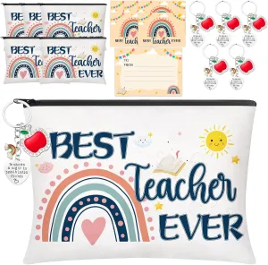 18 Pcs Teacher Appreciation Gifts Set, 6 PCS Makeup Cosmetic Bags, 6 PCS Heart-Shaped Keychains with Diamonds and 6 PCS Greeting Card, Valentines Graduation Christmas Gifts for Teacher