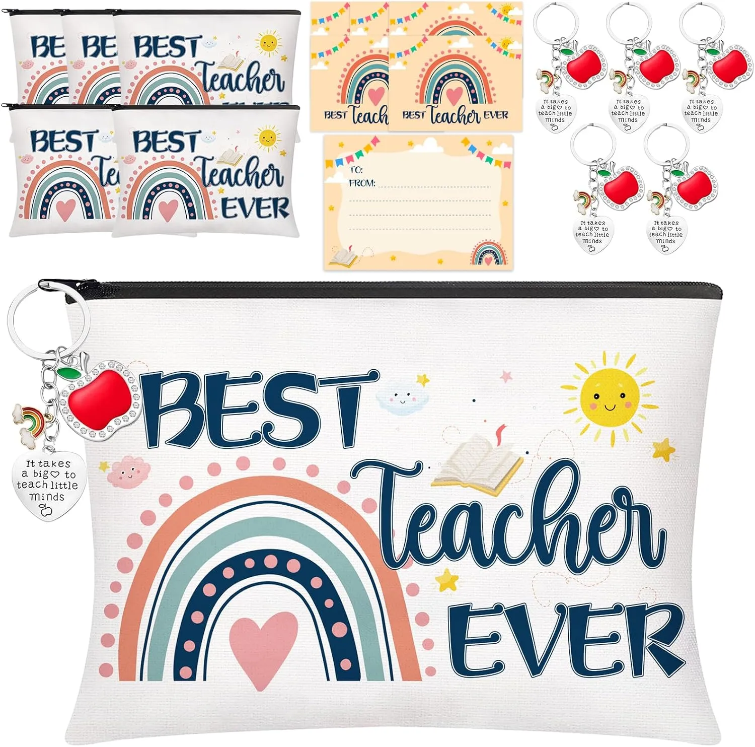 18 Pcs Teacher Appreciation Gifts Set, 6 PCS Makeup Cosmetic Bags, 6 PCS Heart-Shaped Keychains with Diamonds and 6 PCS Greeting Card, Valentines Graduation Christmas Gifts for Teacher