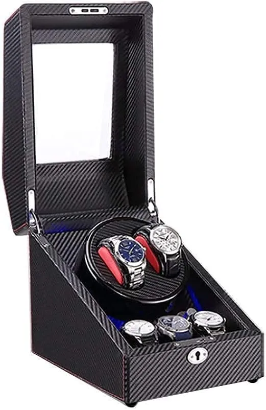 2 3 Automatic Watch Winder Box with LED Light Wood Shell and Carbon Fiber Leather Silent Motor 4 Rotation Modes Setting