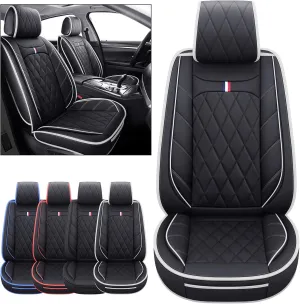 2 Front Drive Seat Covers Waterproof Faux Leather Universal Compatible with Honda Hyundai Elantra Toyota Tacoma Sentra Xterra Frontier Ford Escape Ranger Prius Acura(2 PCS Front, Black-White)