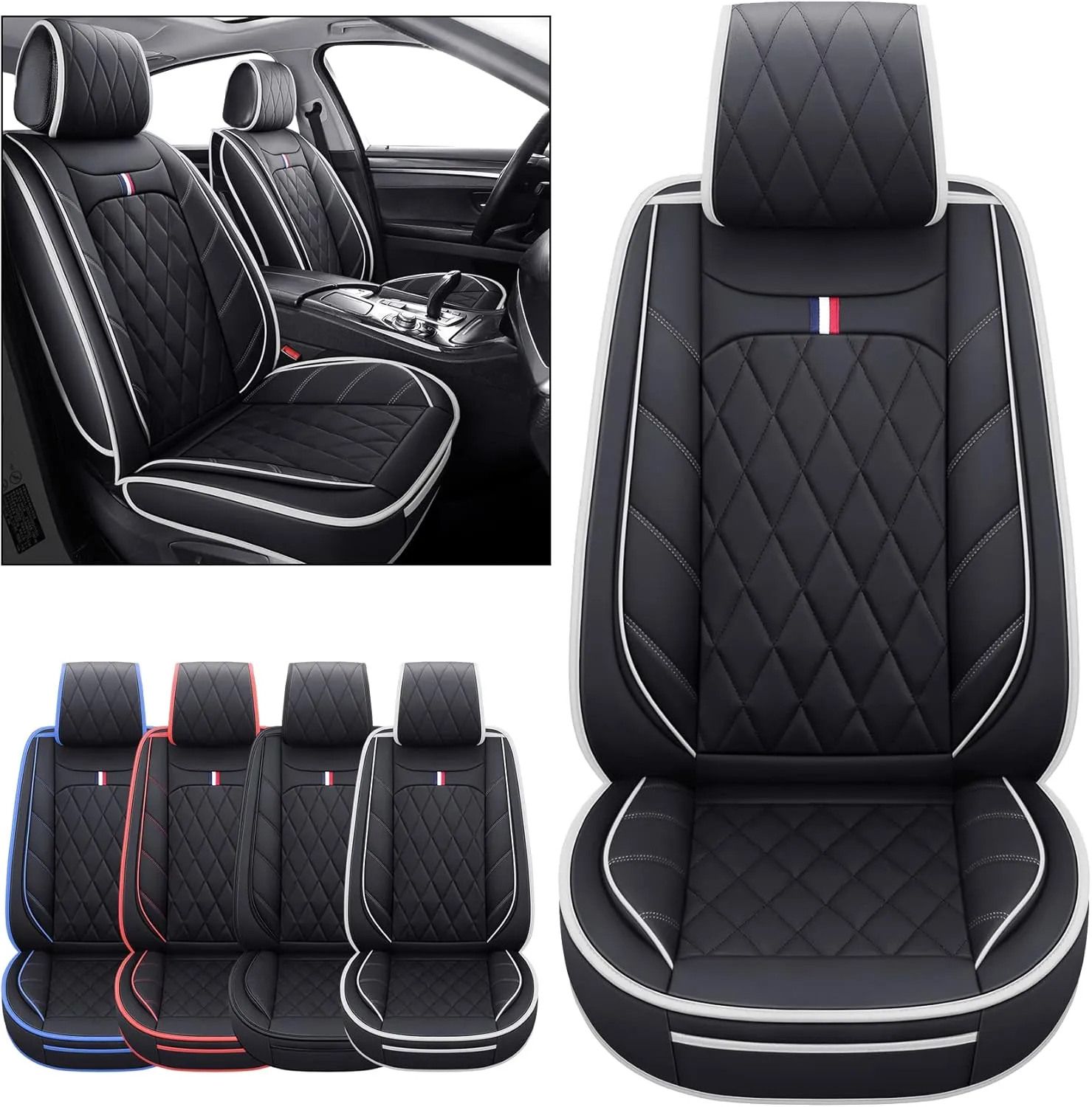2 Front Drive Seat Covers Waterproof Faux Leather Universal Compatible with Honda Hyundai Elantra Toyota Tacoma Sentra Xterra Frontier Ford Escape Ranger Prius Acura(2 PCS Front, Black-White)