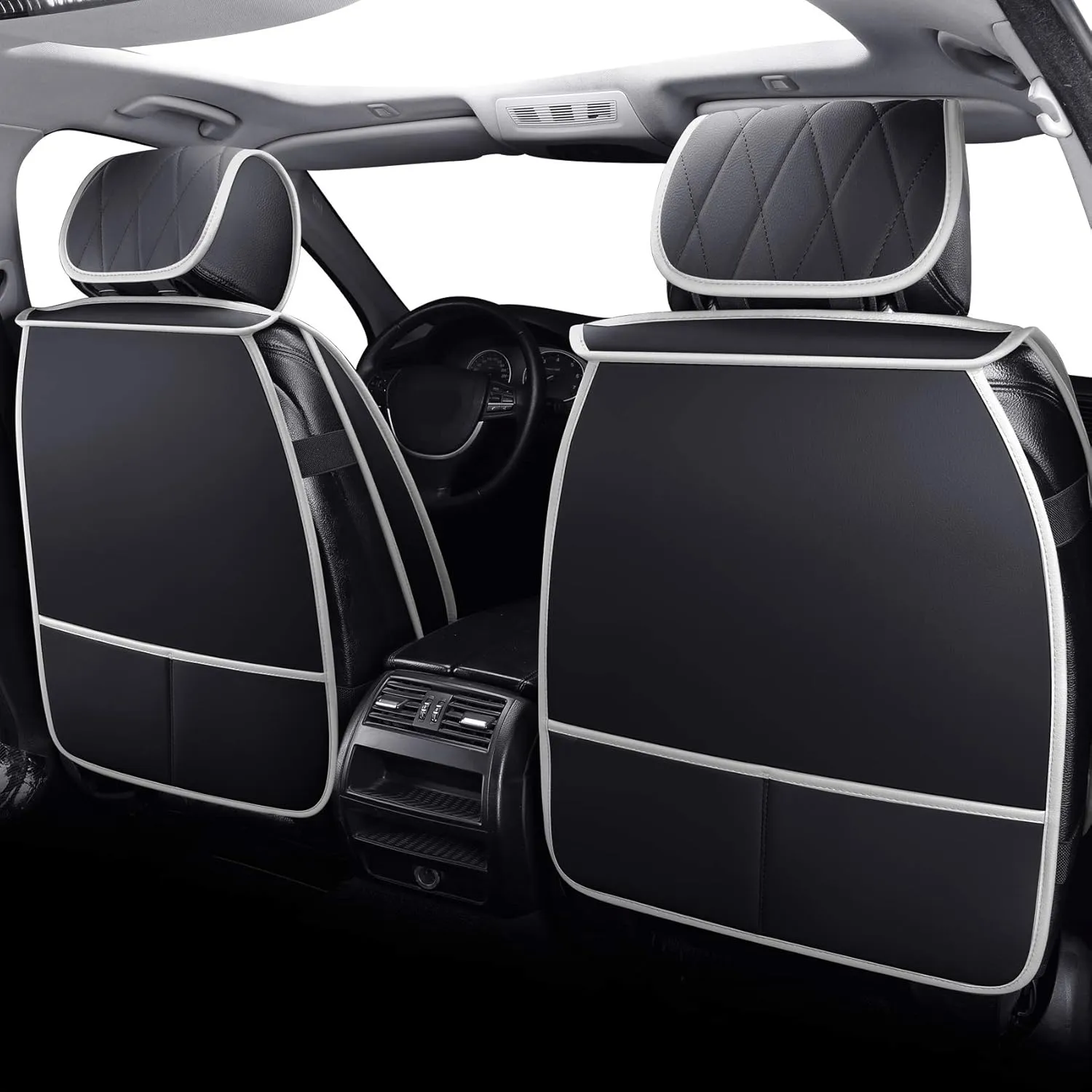 2 Front Drive Seat Covers Waterproof Faux Leather Universal Compatible with Honda Hyundai Elantra Toyota Tacoma Sentra Xterra Frontier Ford Escape Ranger Prius Acura(2 PCS Front, Black-White)