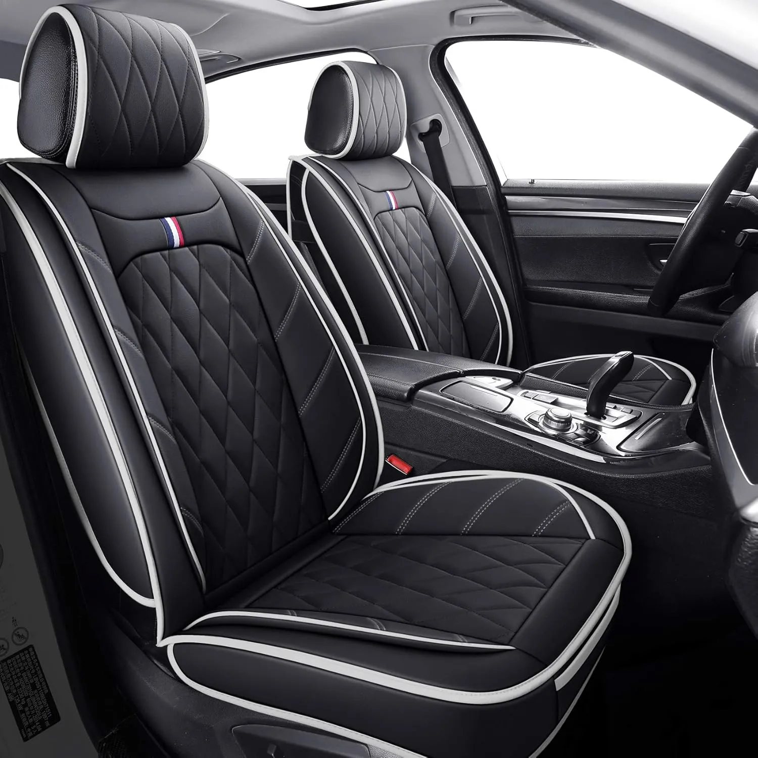 2 Front Drive Seat Covers Waterproof Faux Leather Universal Compatible with Honda Hyundai Elantra Toyota Tacoma Sentra Xterra Frontier Ford Escape Ranger Prius Acura(2 PCS Front, Black-White)