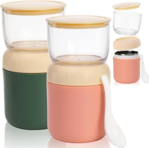 2 Pack Insulated Yogurt Container, 24oz Breakfast On the Go Cup with Plastic Topping Cereal Oatmeal Cup, 2-in-1 Food Storage Jar with Lid and Spoon, Overnight Oats Container for Soup Lunch