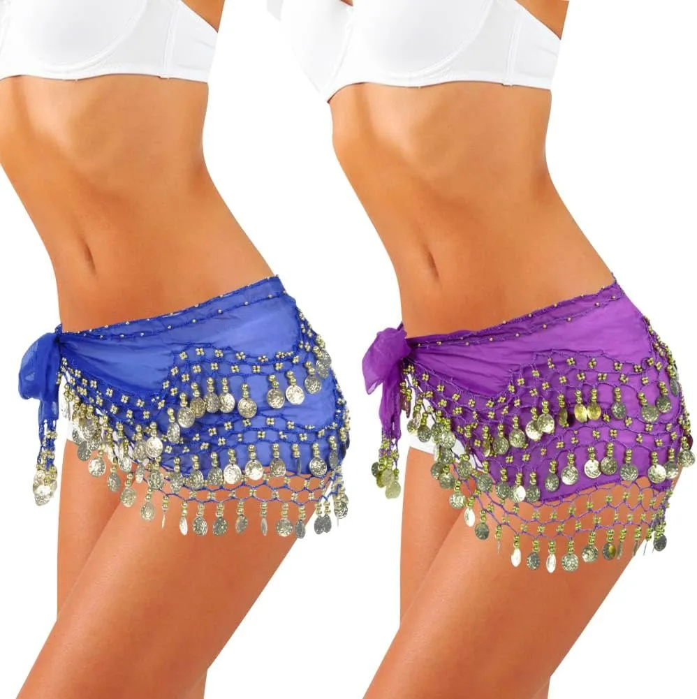 2 Pack Women's Belly Dance Hip Scarf, Belly Dance Skirt Wrap with Sequins Coins, Belly Dancer Costume for Bellydance,Zumba