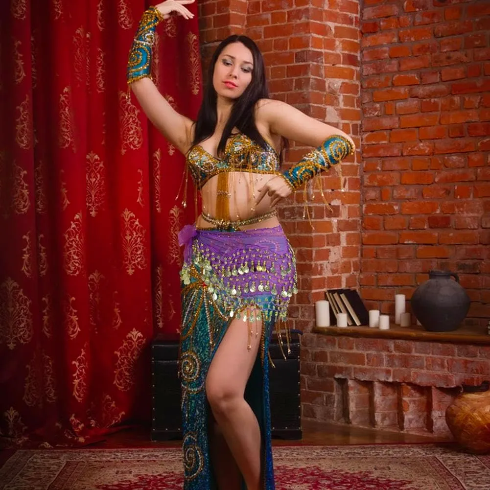 2 Pack Women's Belly Dance Hip Scarf, Belly Dance Skirt Wrap with Sequins Coins, Belly Dancer Costume for Bellydance,Zumba