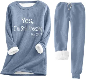 2 PCS Outfits Womens Fleece Sherpa Lined Sweatsuits Funny Long Sleeve Tops and Sweat Pants Winter Warm Tracksuit Set