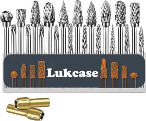 20 Pcs Double Cut Carbide Rotary Burr Set 1/8" Shank Compatible with Dremel for Metal Glass Woodworking, Drilling, Carving, Engraving, Polishing Cutting with 2 Collets