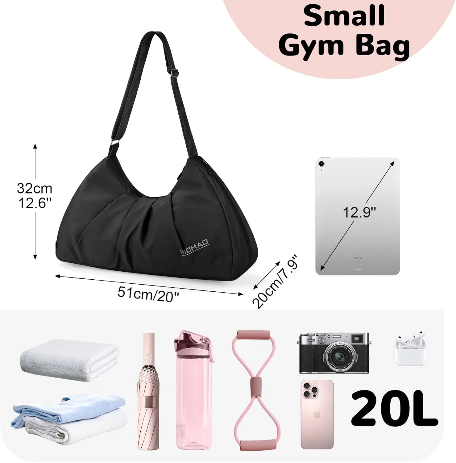 20L Gym Bag with Shoe Compartment for Women, Small Sports Duffle Bag with Wet Pocket, Carry On Bag for Yoga Swim Dance, Black