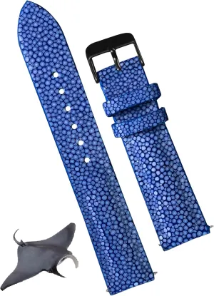 20mm Blue Stingray Leather Watch Band Men Luxury Replacement Strap Extra Soft Handmade Wristband Stainless Steel Buckle, Father's Day Gift for Dad Son Husband DH-63B-20MM