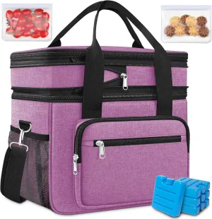 23L Extra Large Expandable Insulated Cooler Lunch Box for Men Double Deck Leakproof Heavy Duty Lunch Bag with 4 Ice Packs&2 Snack Bags for Adult/Construction/Women/Work/Picnic/Camping - Purple