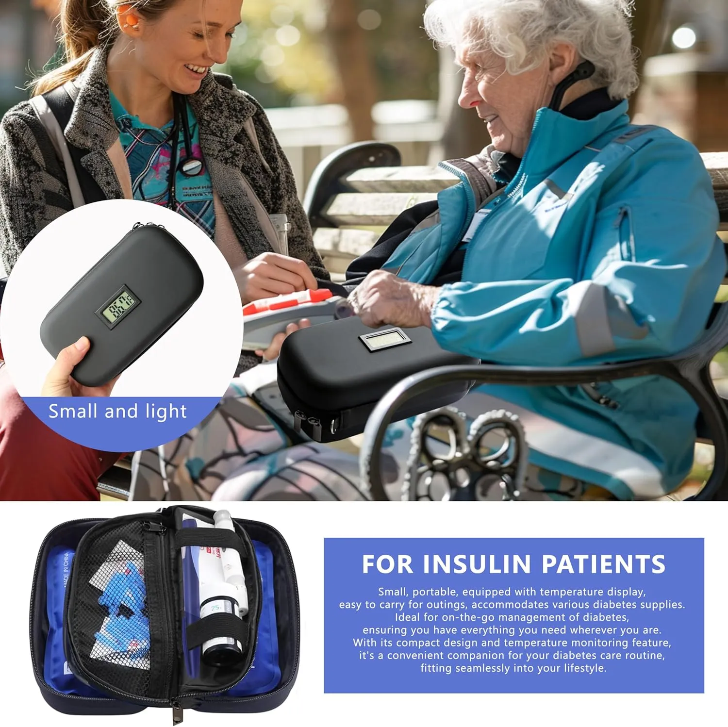 24-Hour Insulin Cooler Travel Case TSA Approved Medication Diabetic Cooler for Daily Life Trip with Thermometer Temperature Display Refrigerated Medicine Organizer Bag Includes 2 Ice Packs(Black)