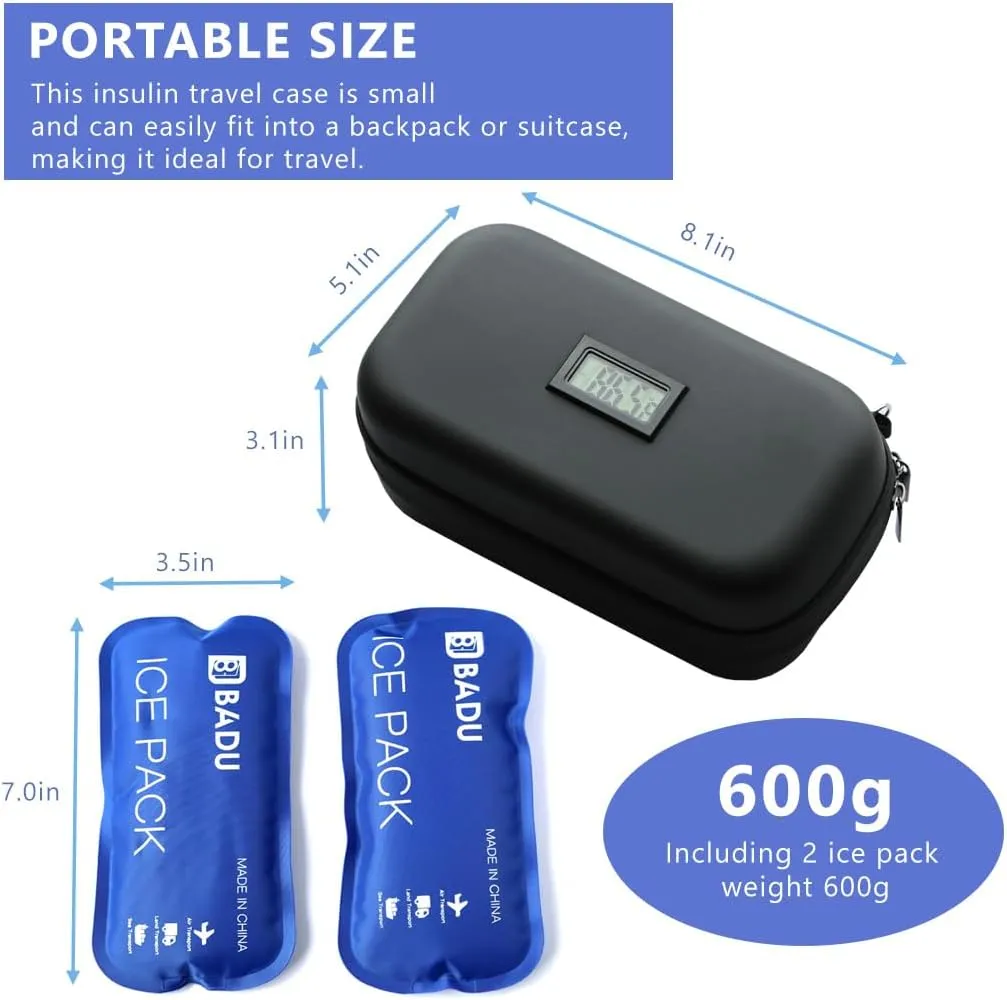 24-Hour Insulin Cooler Travel Case TSA Approved Medication Diabetic Cooler for Daily Life Trip with Thermometer Temperature Display Refrigerated Medicine Organizer Bag Includes 2 Ice Packs(Black)