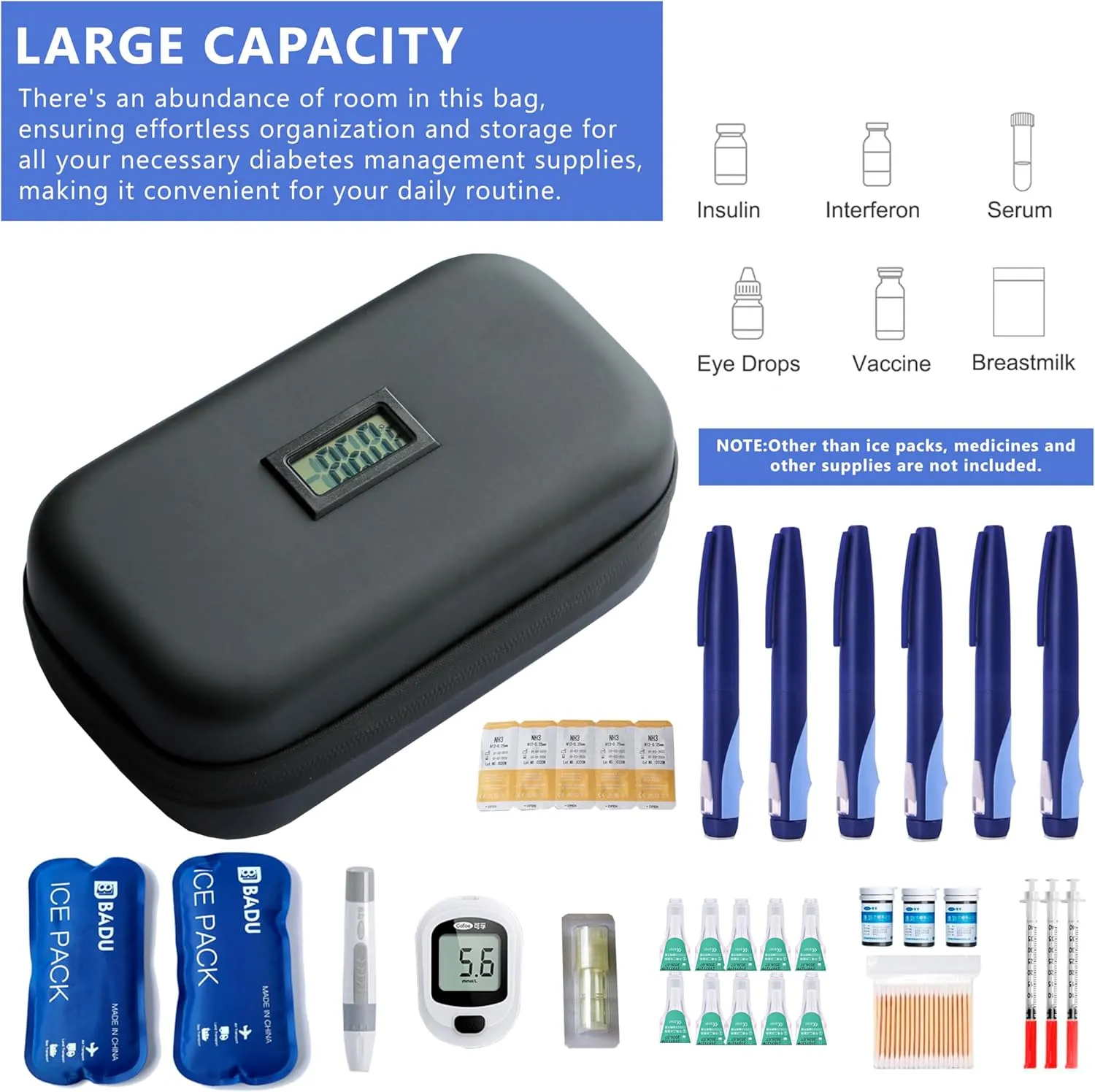 24-Hour Insulin Cooler Travel Case TSA Approved Medication Diabetic Cooler for Daily Life Trip with Thermometer Temperature Display Refrigerated Medicine Organizer Bag Includes 2 Ice Packs(Black)