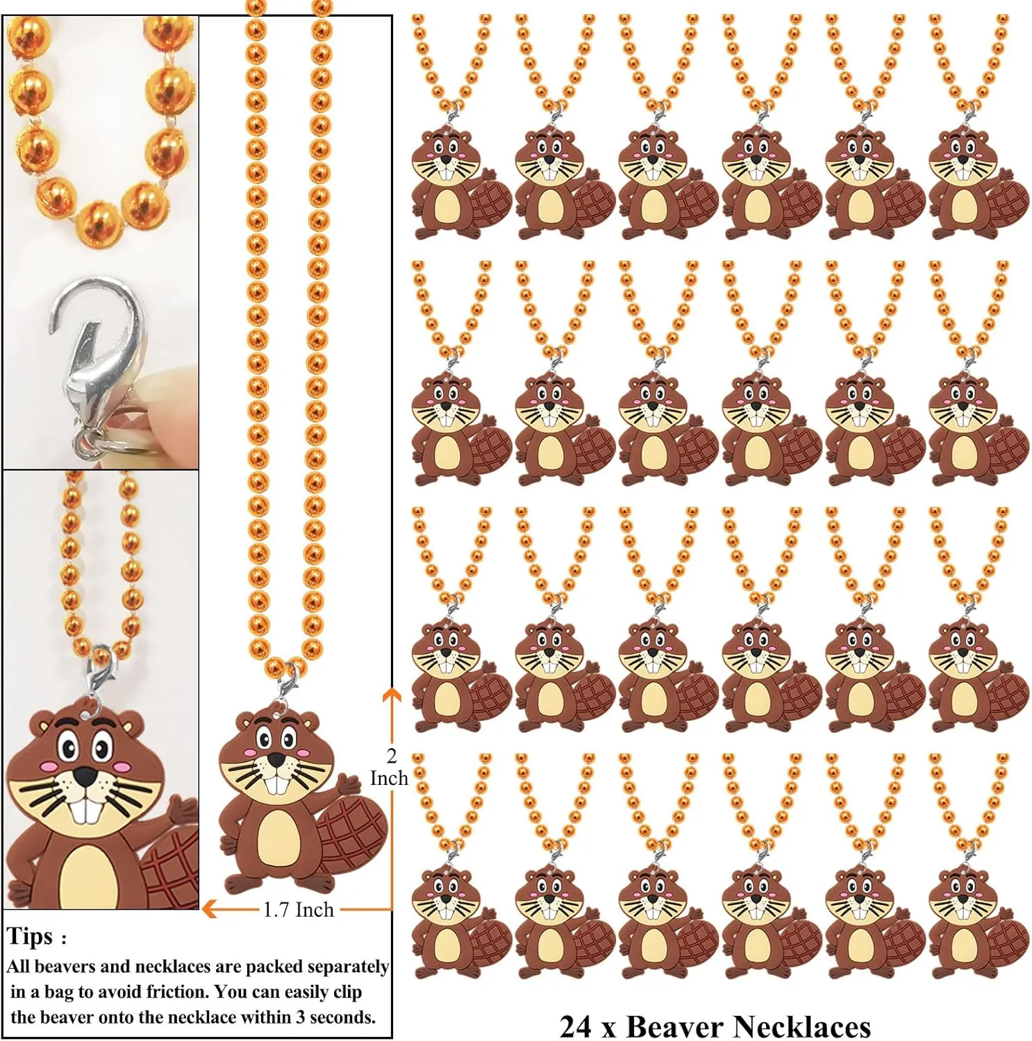24 Pack Beaver Necklace Party Favors for Wild Animal Themed Baby Shower, Birthday Party Goodie Bag Fillers，School Carnival Rewards, Photography Props, Home Decorations, Classroom Prize
