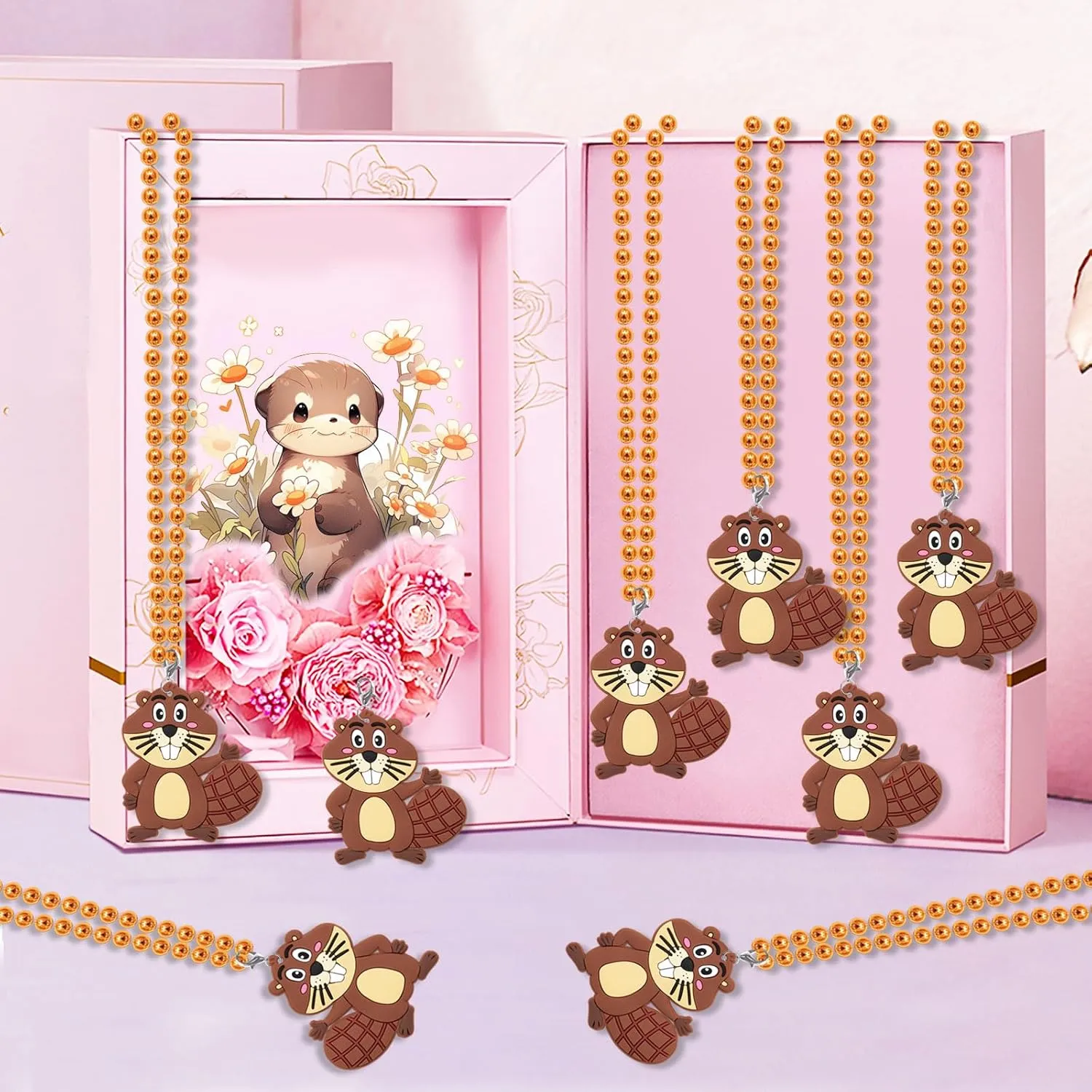 24 Pack Beaver Necklace Party Favors for Wild Animal Themed Baby Shower, Birthday Party Goodie Bag Fillers，School Carnival Rewards, Photography Props, Home Decorations, Classroom Prize