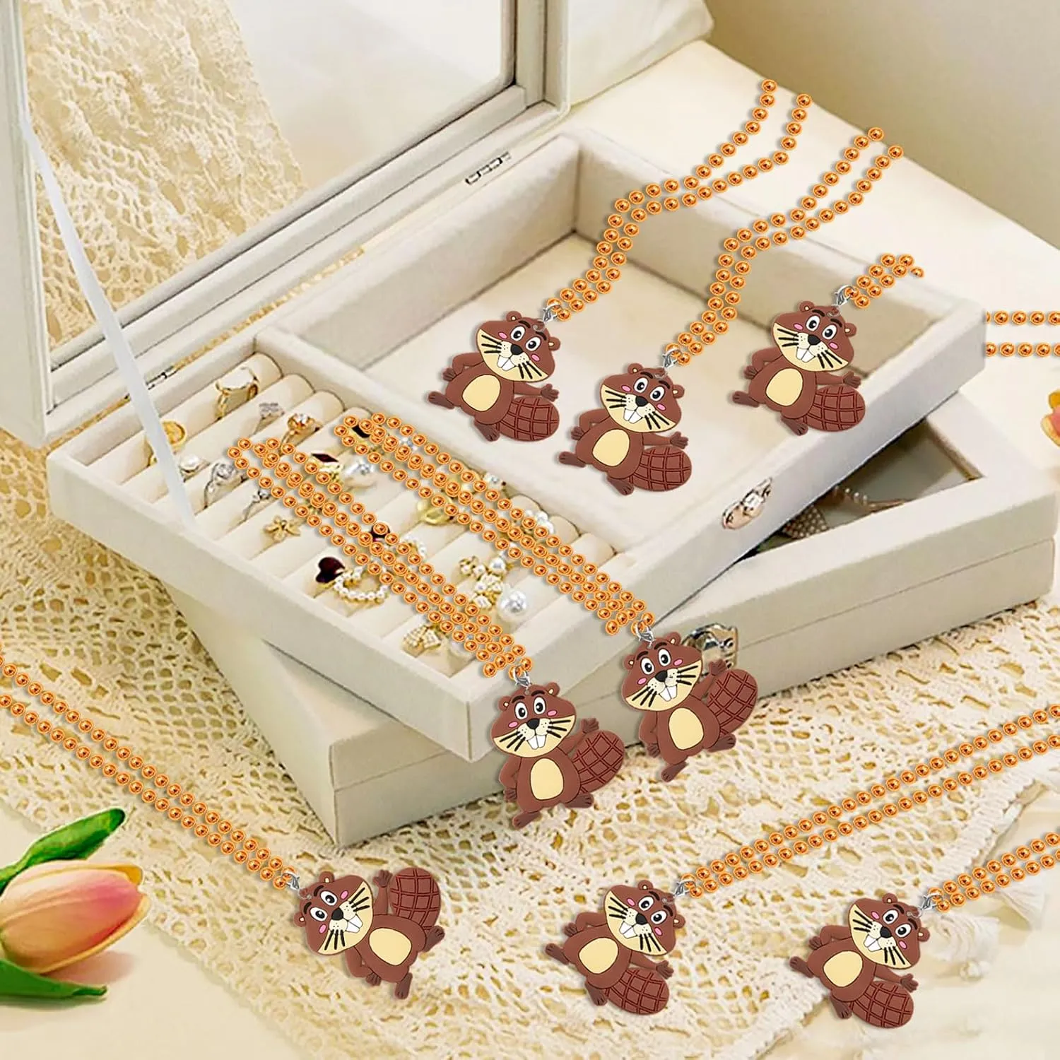 24 Pack Beaver Necklace Party Favors for Wild Animal Themed Baby Shower, Birthday Party Goodie Bag Fillers，School Carnival Rewards, Photography Props, Home Decorations, Classroom Prize