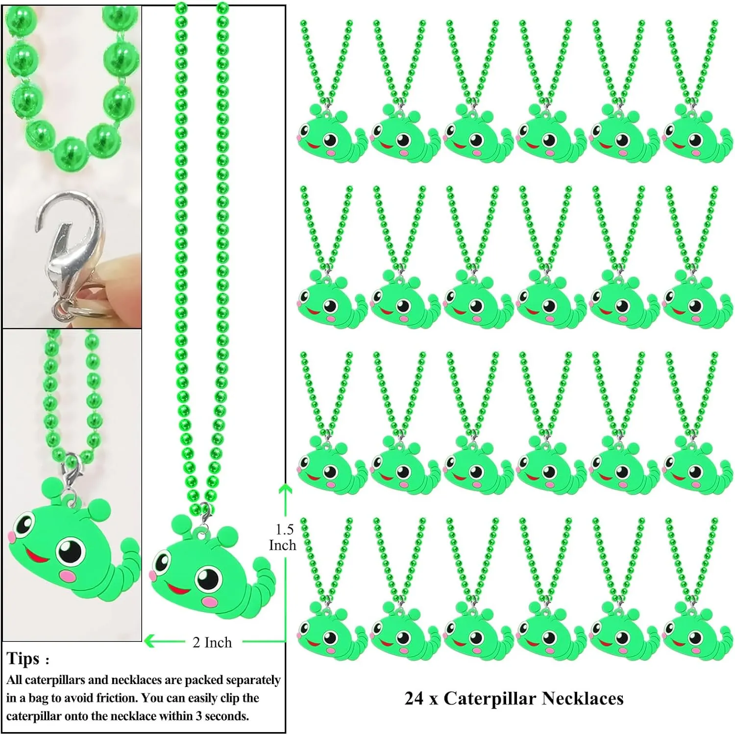 24 Pack Caterpillar Necklace Party Favors for Animal Themed Party, Baby Shower, Birthday, School Carnival Rewards, Photography Props, Home Decorations, Classroom Prize