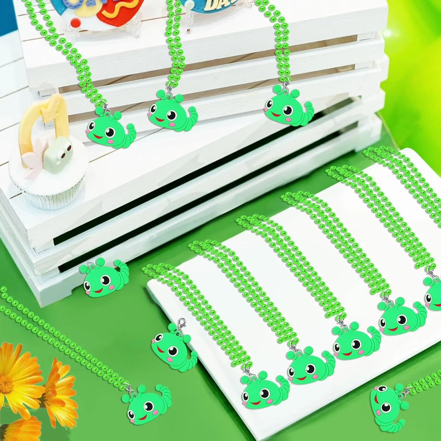 24 Pack Caterpillar Necklace Party Favors for Animal Themed Party, Baby Shower, Birthday, School Carnival Rewards, Photography Props, Home Decorations, Classroom Prize