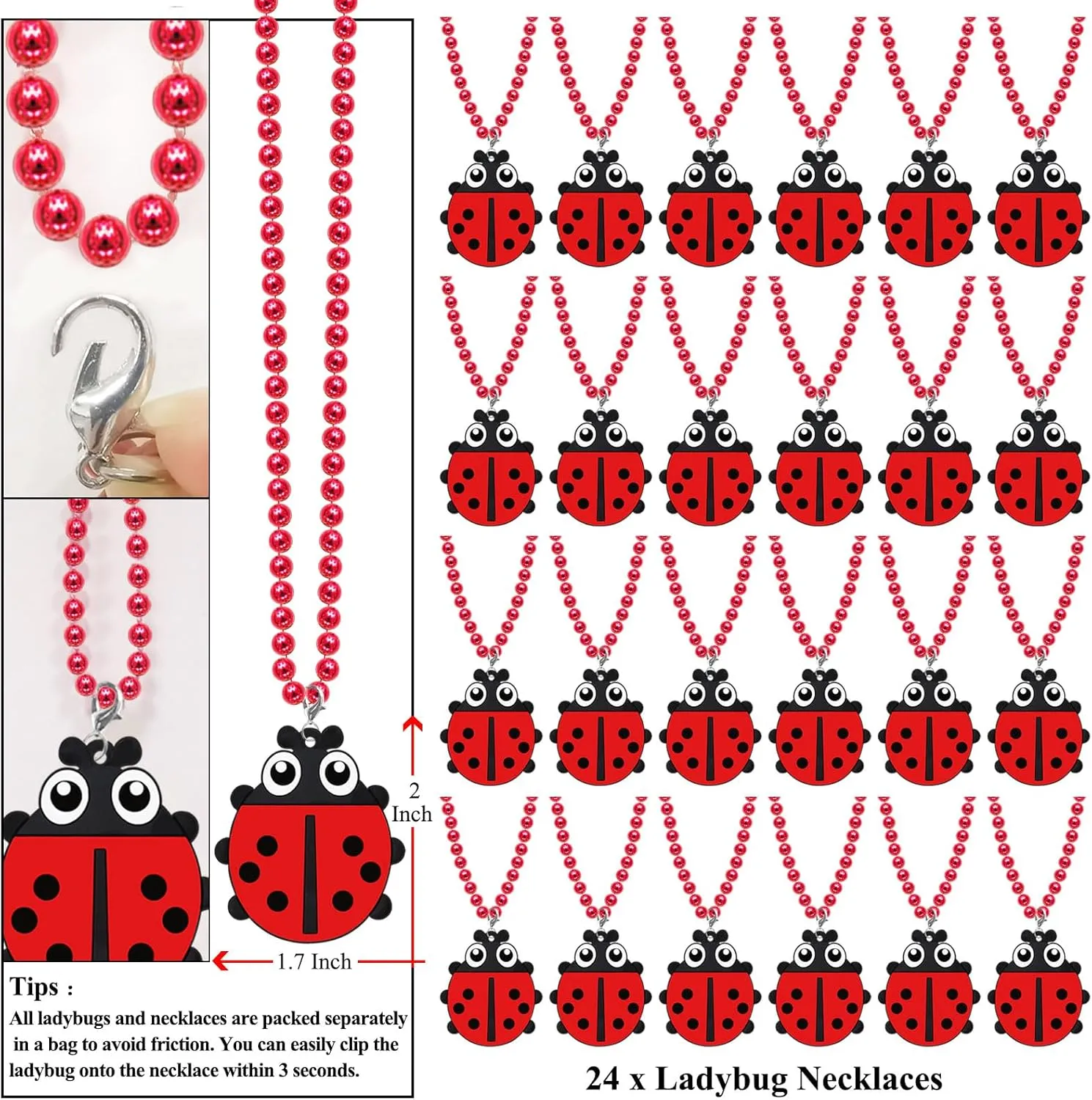 24 Pack Ladybug Necklace Party Favors for Insect Themed Baby Shower, Birthday Party Goodie Bag Fillers, School Carnival Rewards, Photography Props, Home Decorations, Classroom Prize