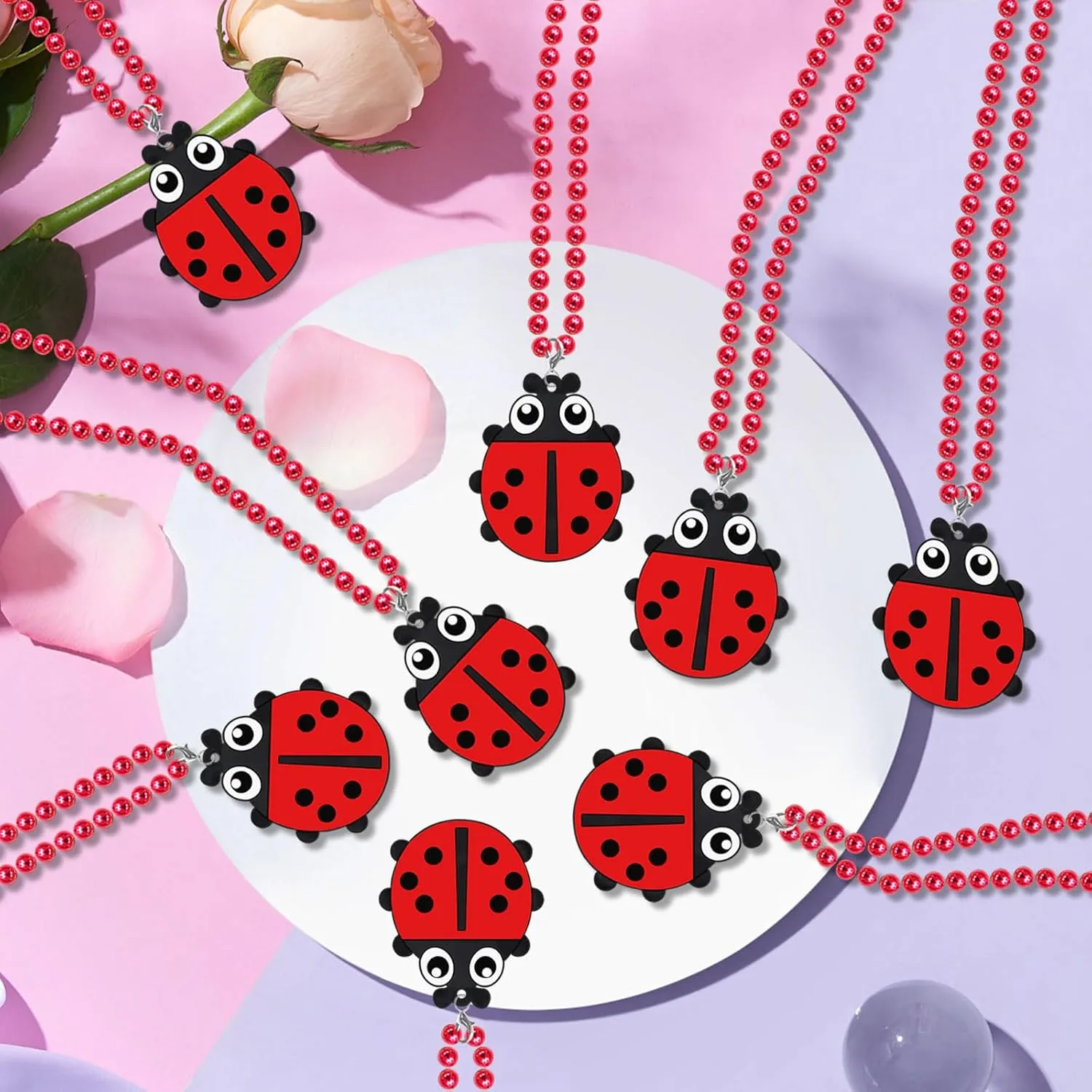 24 Pack Ladybug Necklace Party Favors for Insect Themed Baby Shower, Birthday Party Goodie Bag Fillers, School Carnival Rewards, Photography Props, Home Decorations, Classroom Prize