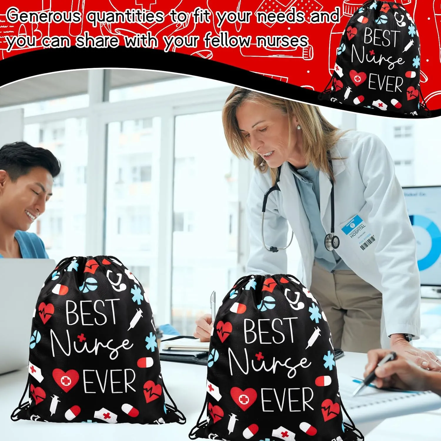 24 Pcs Nurse Drawstring Backpack Nurse Themed Pattern Draw String Bags Cute Nurse Polyester Shoulder Bag Nurse Appreciation Gifts for Nurses Week Nursing Students Teacher Hospital School Supplies