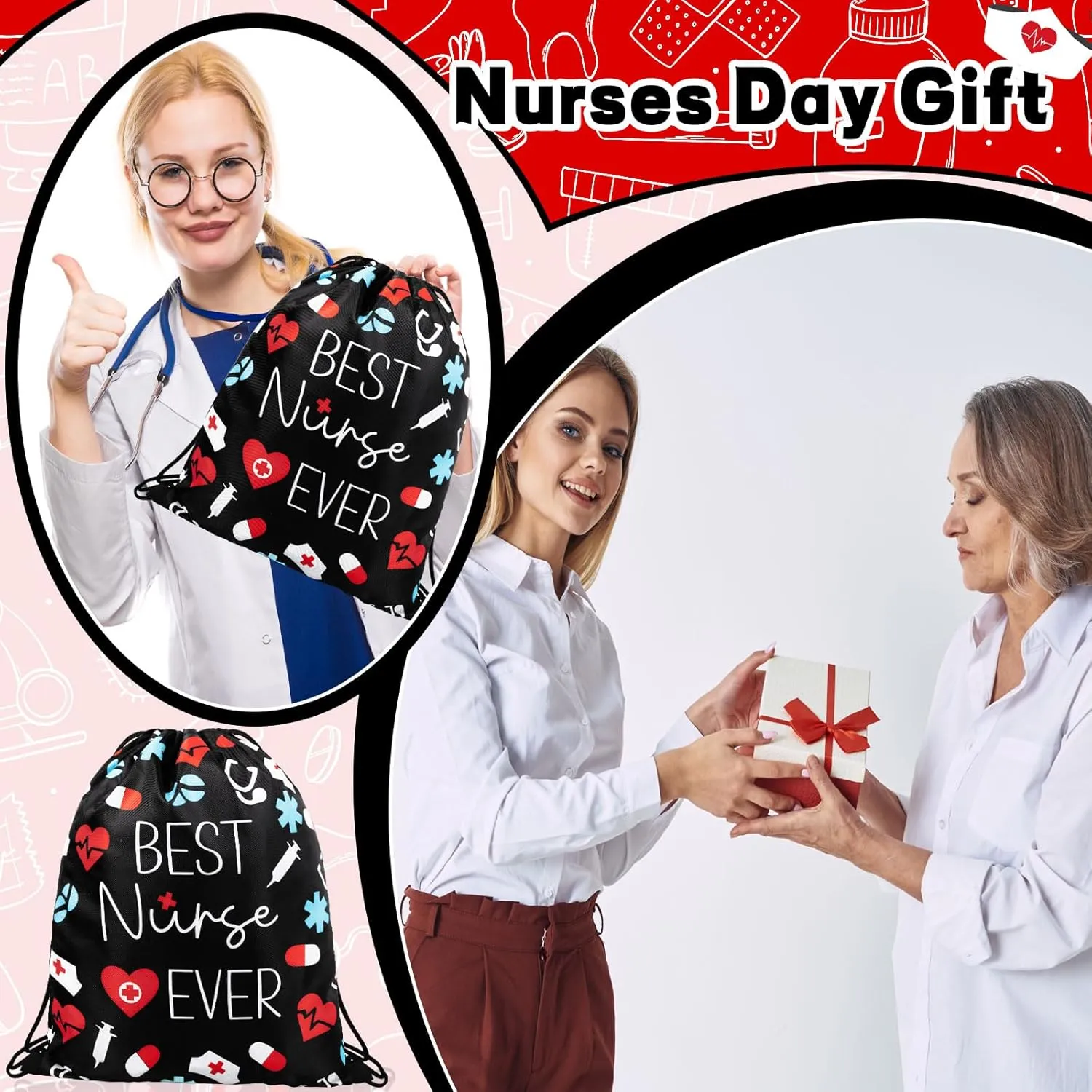 24 Pcs Nurse Drawstring Backpack Nurse Themed Pattern Draw String Bags Cute Nurse Polyester Shoulder Bag Nurse Appreciation Gifts for Nurses Week Nursing Students Teacher Hospital School Supplies