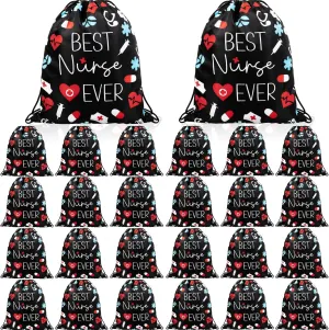 24 Pcs Nurse Drawstring Backpack Nurse Themed Pattern Draw String Bags Cute Nurse Polyester Shoulder Bag Nurse Appreciation Gifts for Nurses Week Nursing Students Teacher Hospital School Supplies