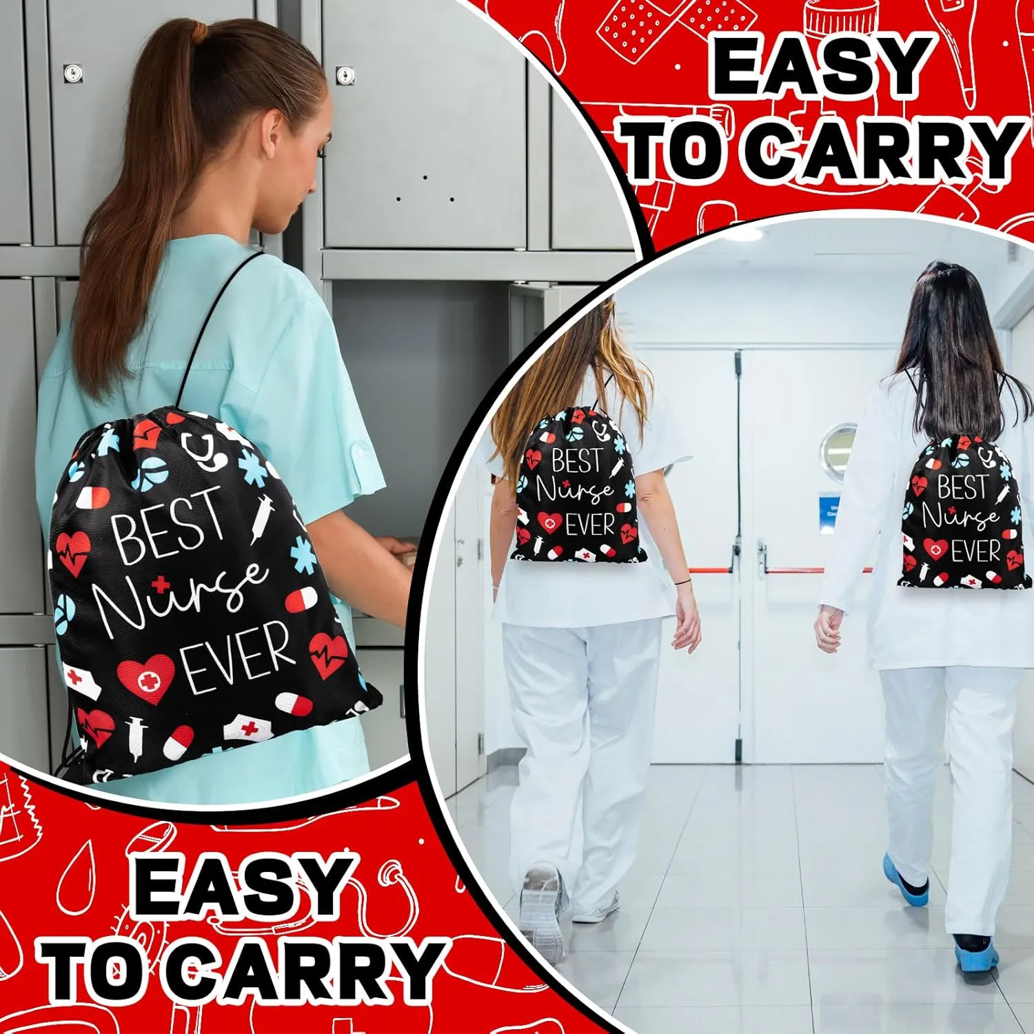 24 Pcs Nurse Drawstring Backpack Nurse Themed Pattern Draw String Bags Cute Nurse Polyester Shoulder Bag Nurse Appreciation Gifts for Nurses Week Nursing Students Teacher Hospital School Supplies