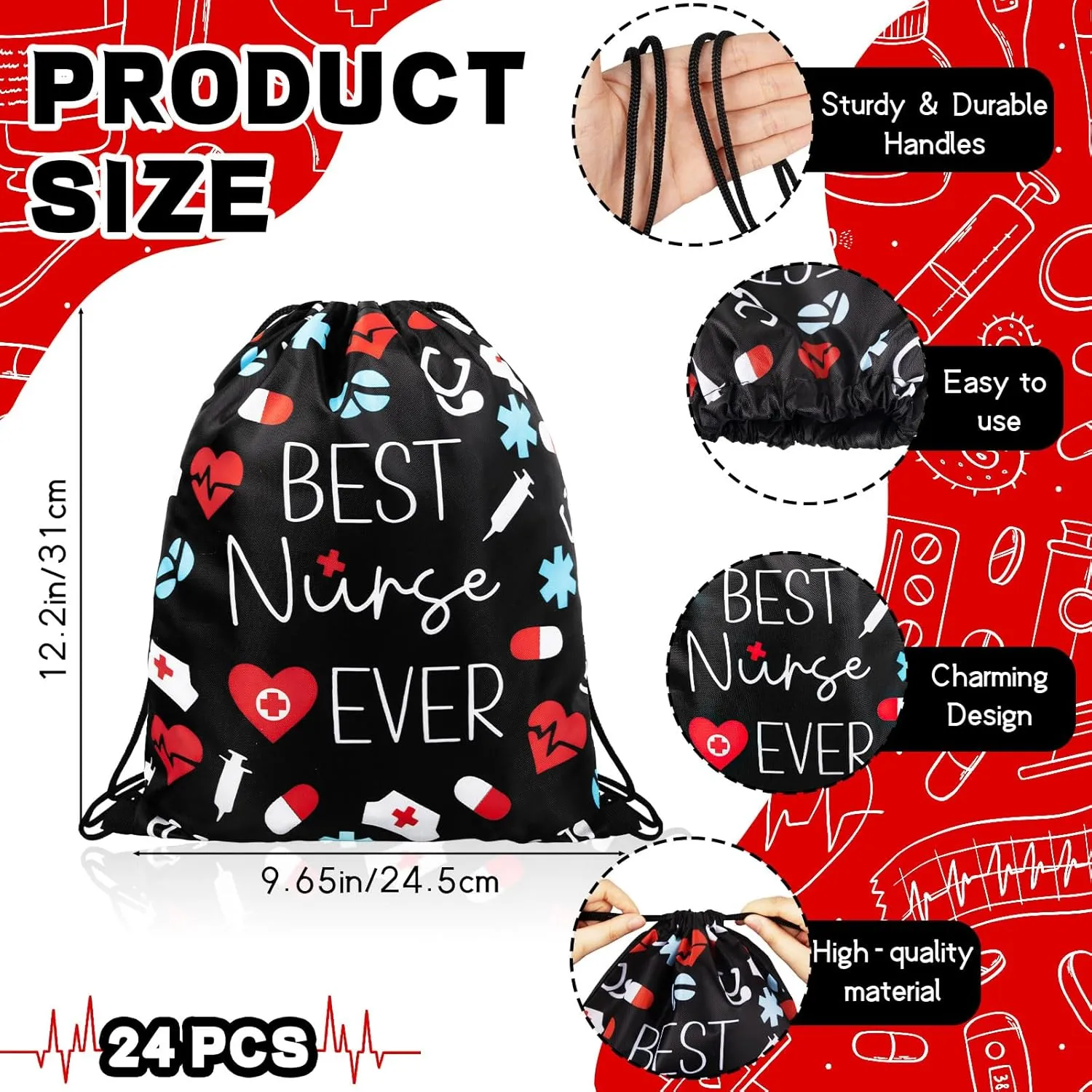 24 Pcs Nurse Drawstring Backpack Nurse Themed Pattern Draw String Bags Cute Nurse Polyester Shoulder Bag Nurse Appreciation Gifts for Nurses Week Nursing Students Teacher Hospital School Supplies