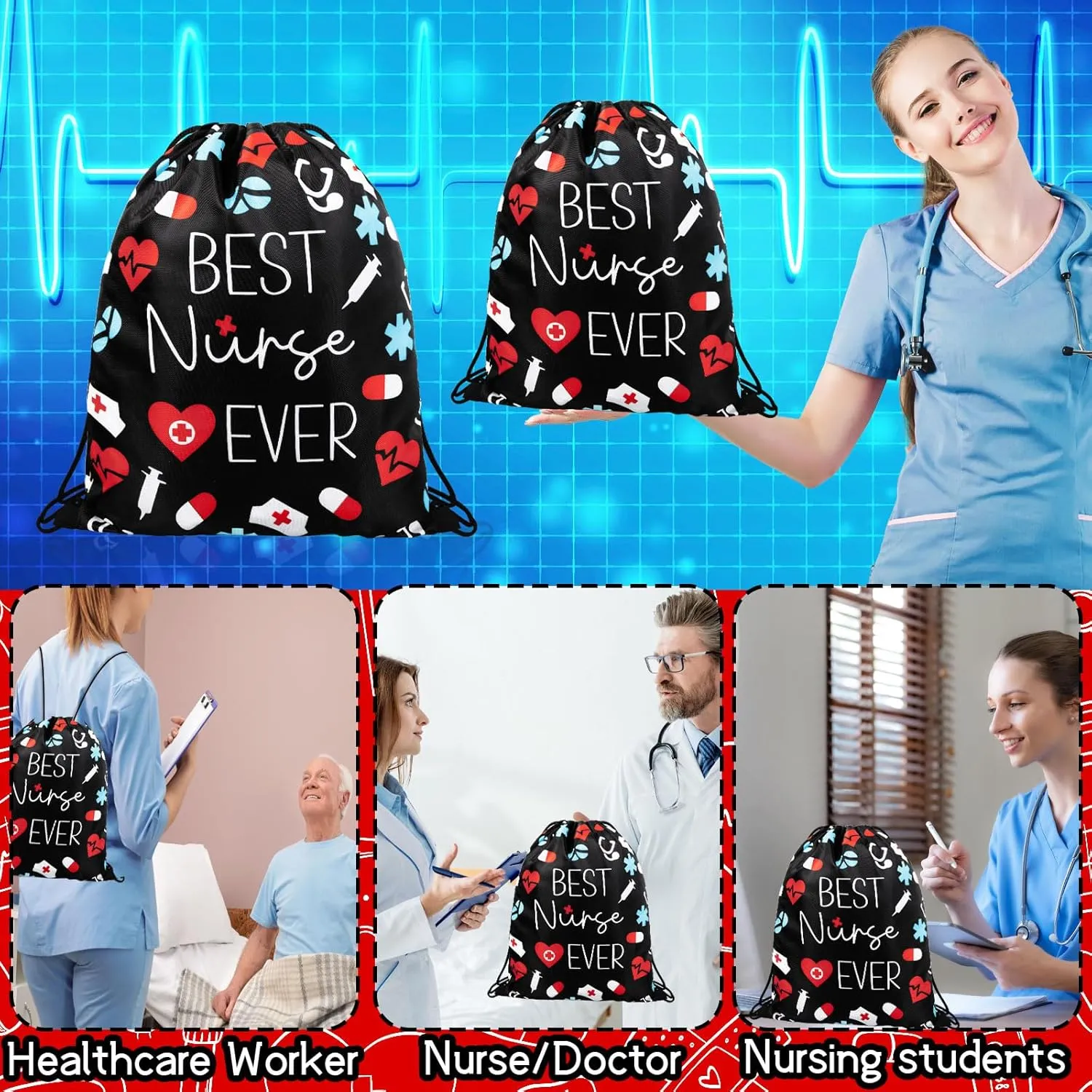 24 Pcs Nurse Drawstring Backpack Nurse Themed Pattern Draw String Bags Cute Nurse Polyester Shoulder Bag Nurse Appreciation Gifts for Nurses Week Nursing Students Teacher Hospital School Supplies