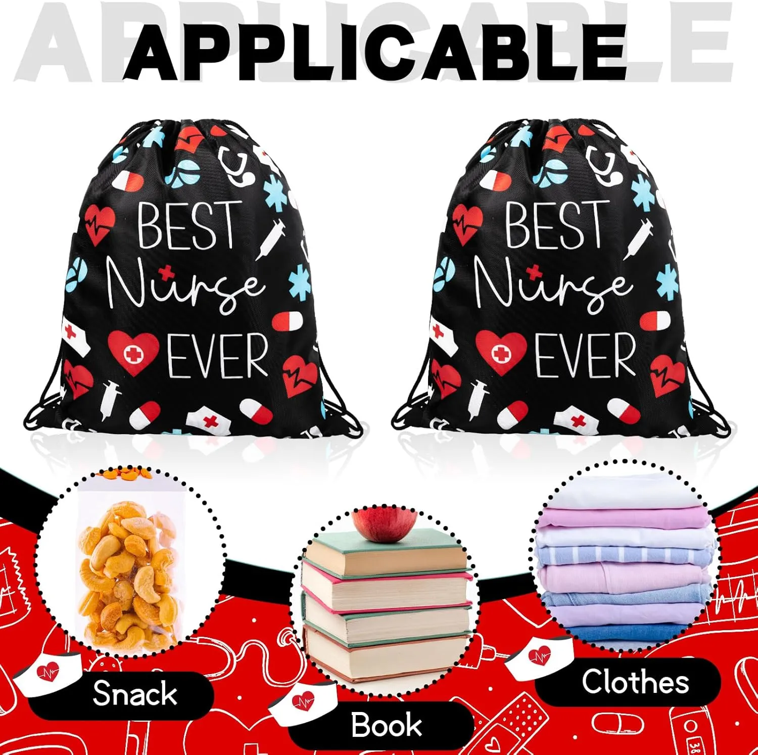 24 Pcs Nurse Drawstring Backpack Nurse Themed Pattern Draw String Bags Cute Nurse Polyester Shoulder Bag Nurse Appreciation Gifts for Nurses Week Nursing Students Teacher Hospital School Supplies