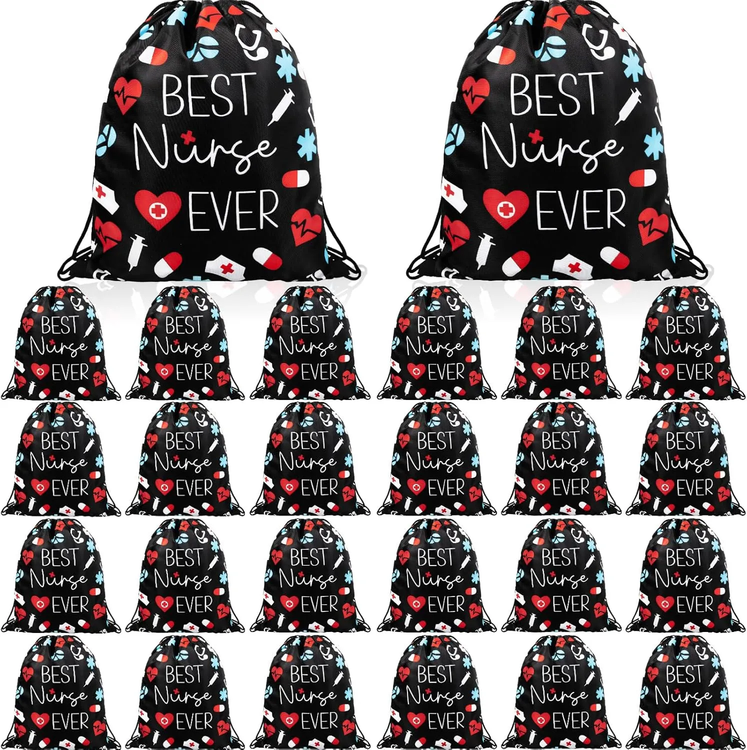 24 Pcs Nurse Drawstring Backpack Nurse Themed Pattern Draw String Bags Cute Nurse Polyester Shoulder Bag Nurse Appreciation Gifts for Nurses Week Nursing Students Teacher Hospital School Supplies