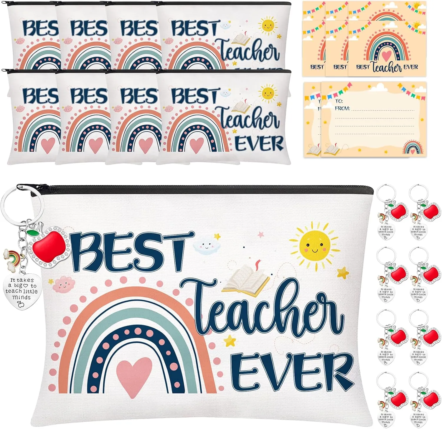 24 Pcs Teacher Appreciation Gifts Set, 8 PCS Makeup Cosmetic Bags, 8 PCS Heart-Shaped Keychains with Diamonds and 8 PCS Greeting Card, Birthday Graduation Christmas Thank You Gifts for Teacher