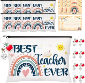 24 Pcs Teacher Appreciation Gifts Set, 8 PCS Makeup Cosmetic Bags, 8 PCS Heart-Shaped Keychains with Diamonds and 8 PCS Greeting Card, Birthday Graduation Christmas Thank You Gifts for Teacher