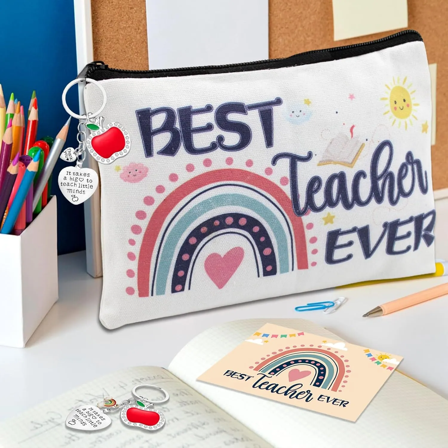 24 Pcs Teacher Appreciation Gifts Set, 8 PCS Makeup Cosmetic Bags, 8 PCS Heart-Shaped Keychains with Diamonds and 8 PCS Greeting Card, Birthday Graduation Christmas Thank You Gifts for Teacher