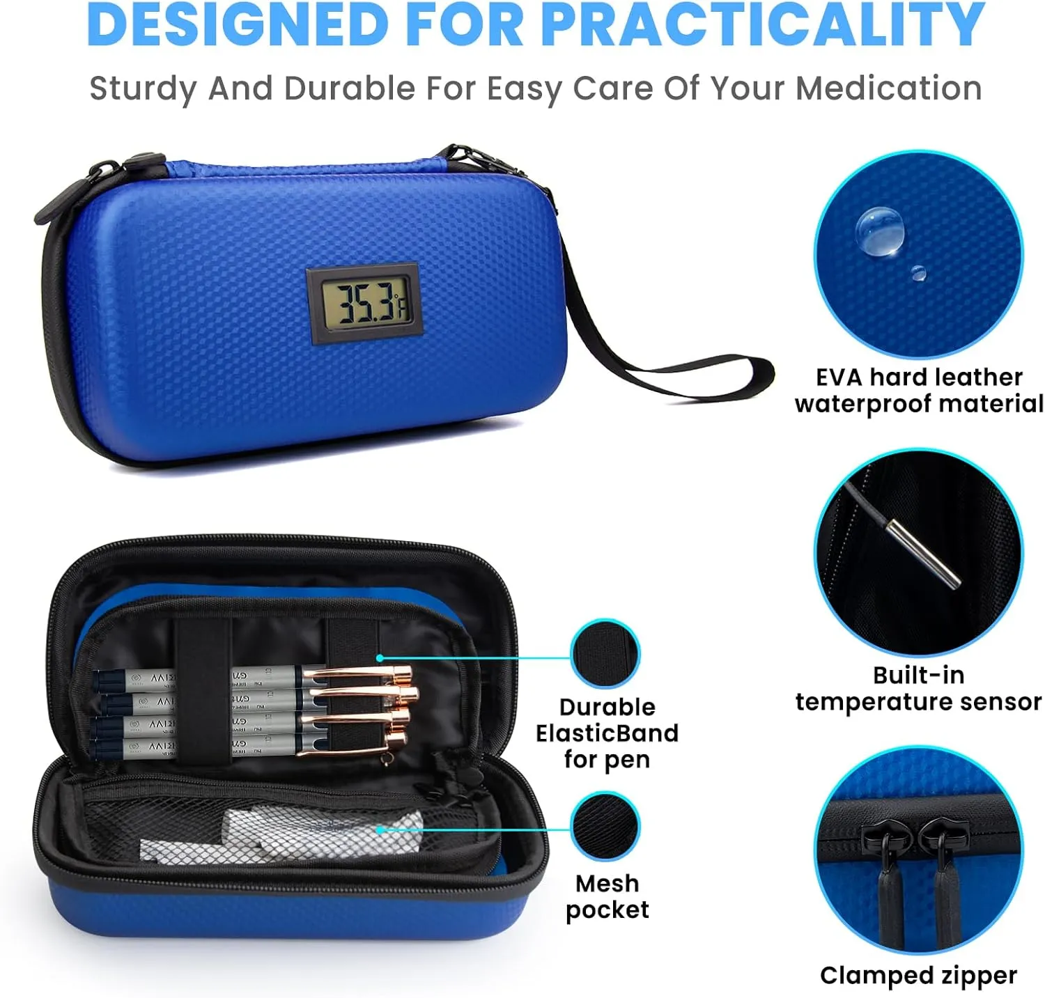 24h Insulin Cooler Travel Case - TSA Approved Medication Diabetic Cooler for Travel with Thermometer Temperature Display Refrigerated Medicine Organizer Bag with 2 Ice Pack